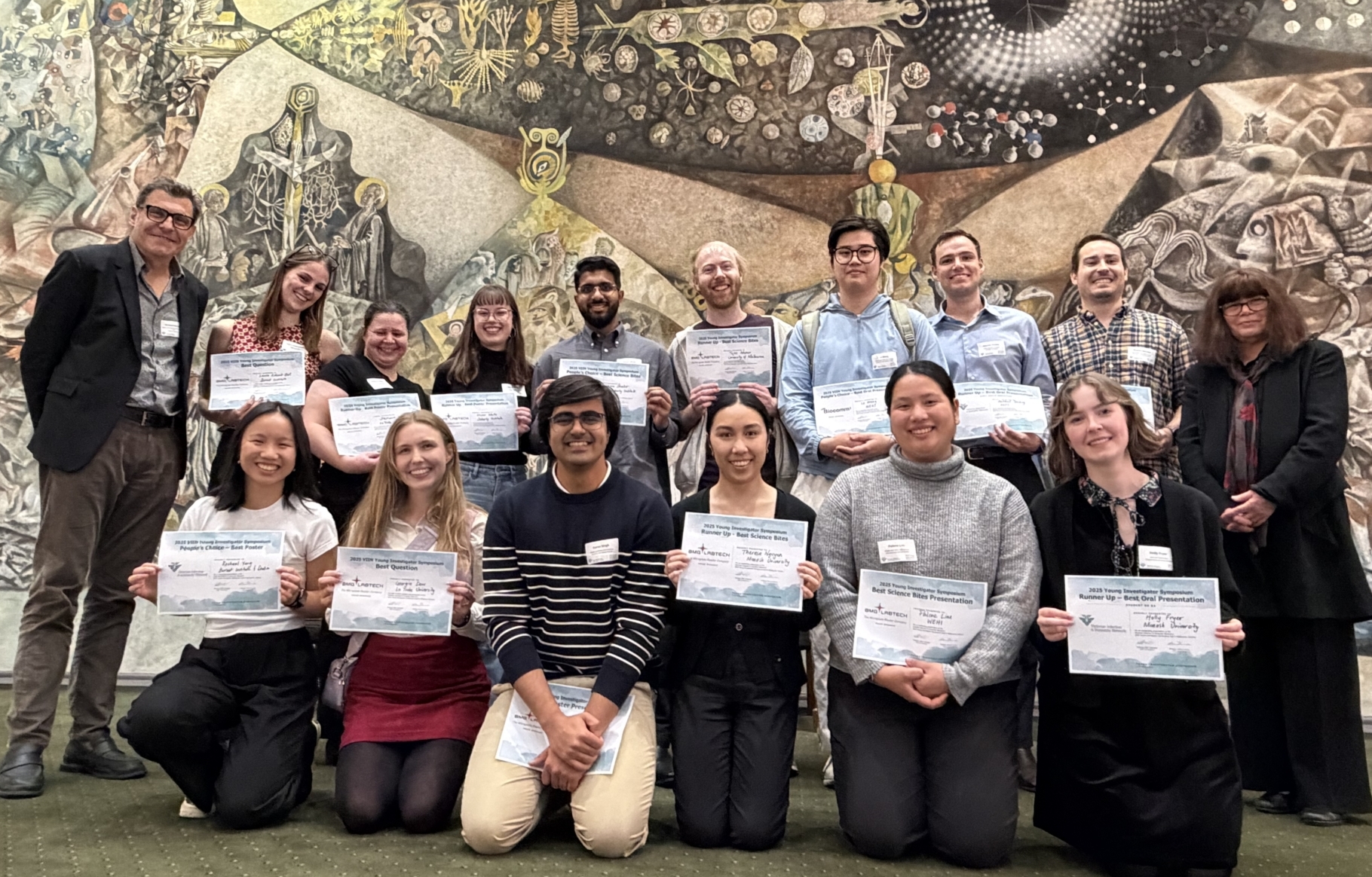 Prize Winners from the 2025 VIIN Young Investigator Symposium, together with VIIN Co-Convenors Prof Richard Ferrero and Prof Gilda Tachedjian.
